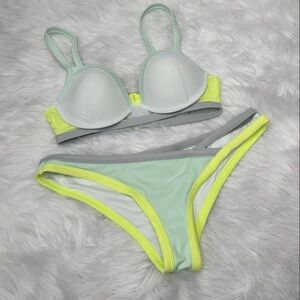 Victoria’s Secret Two Piece Bikini‎ Set 36B & Medium Bottoms Push Up Mint & Neon